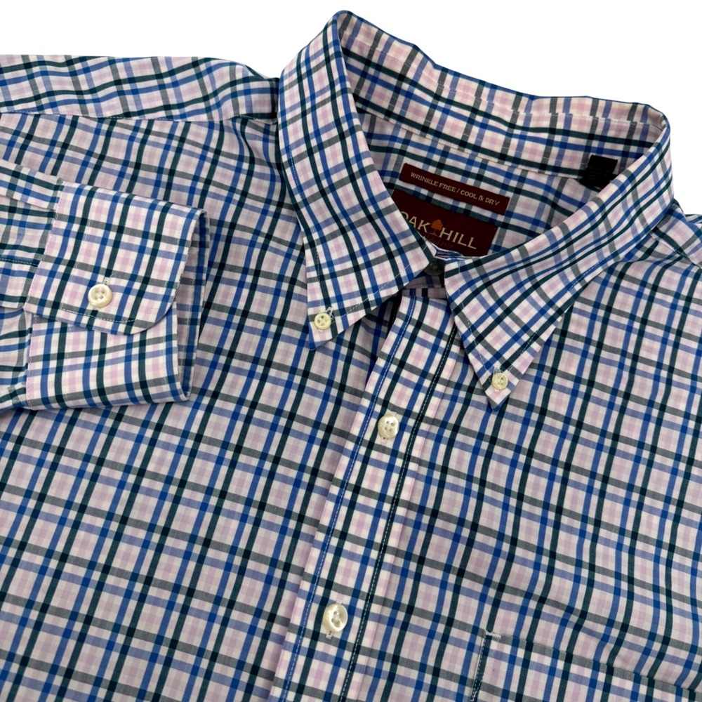Oak Hill Button Down Shirt Men 2XL Blue Plaid Wrinkle Free Cotton Long Sleeve